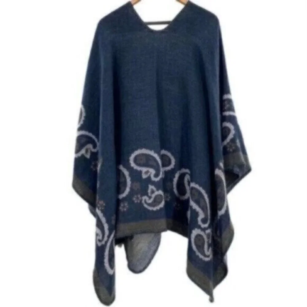 Western Paisley Knit Poncho Shrug Sweater